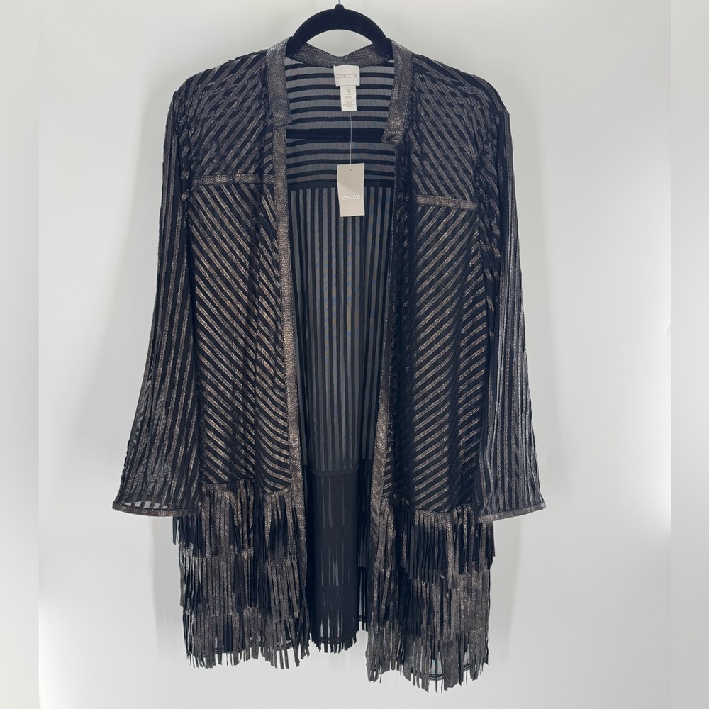 Chico's Gold Shimmer Faux Leather Trim Artisan Duster Cardigan NWT
